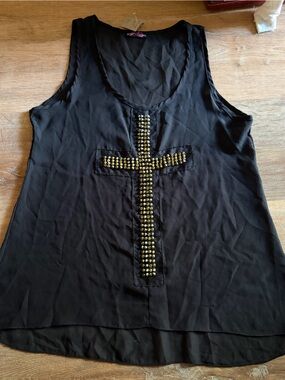 Body Central Y2K Black Sheer Top with Spiked Cross